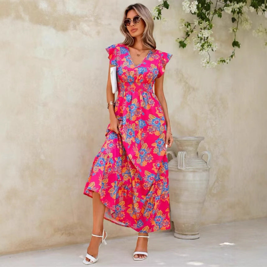 Ladies Summer Floral Maxi Dress with Ruffle Sleeves and Elastic Waistband Ivyshape