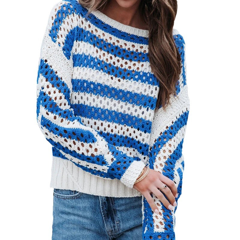 IvyShape | Loose Striped Hollow Round Neck Knit Sweater for Women