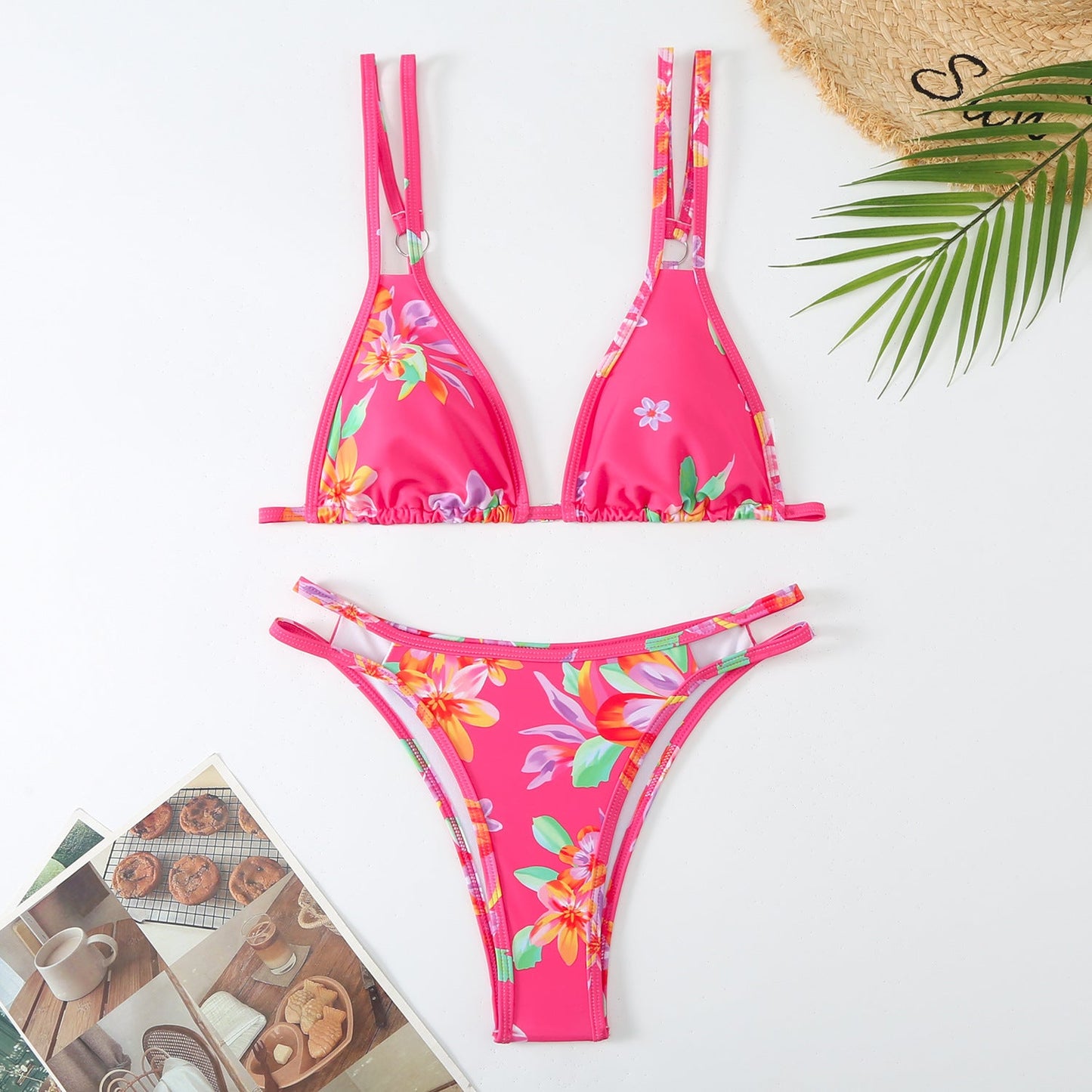 Ladies triangle bikini set with adjustable double straps and floral print Ivyshape