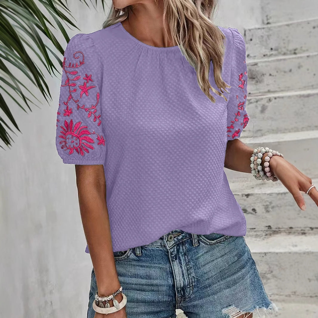 Women embroidered puff sleeve top Ivyshape