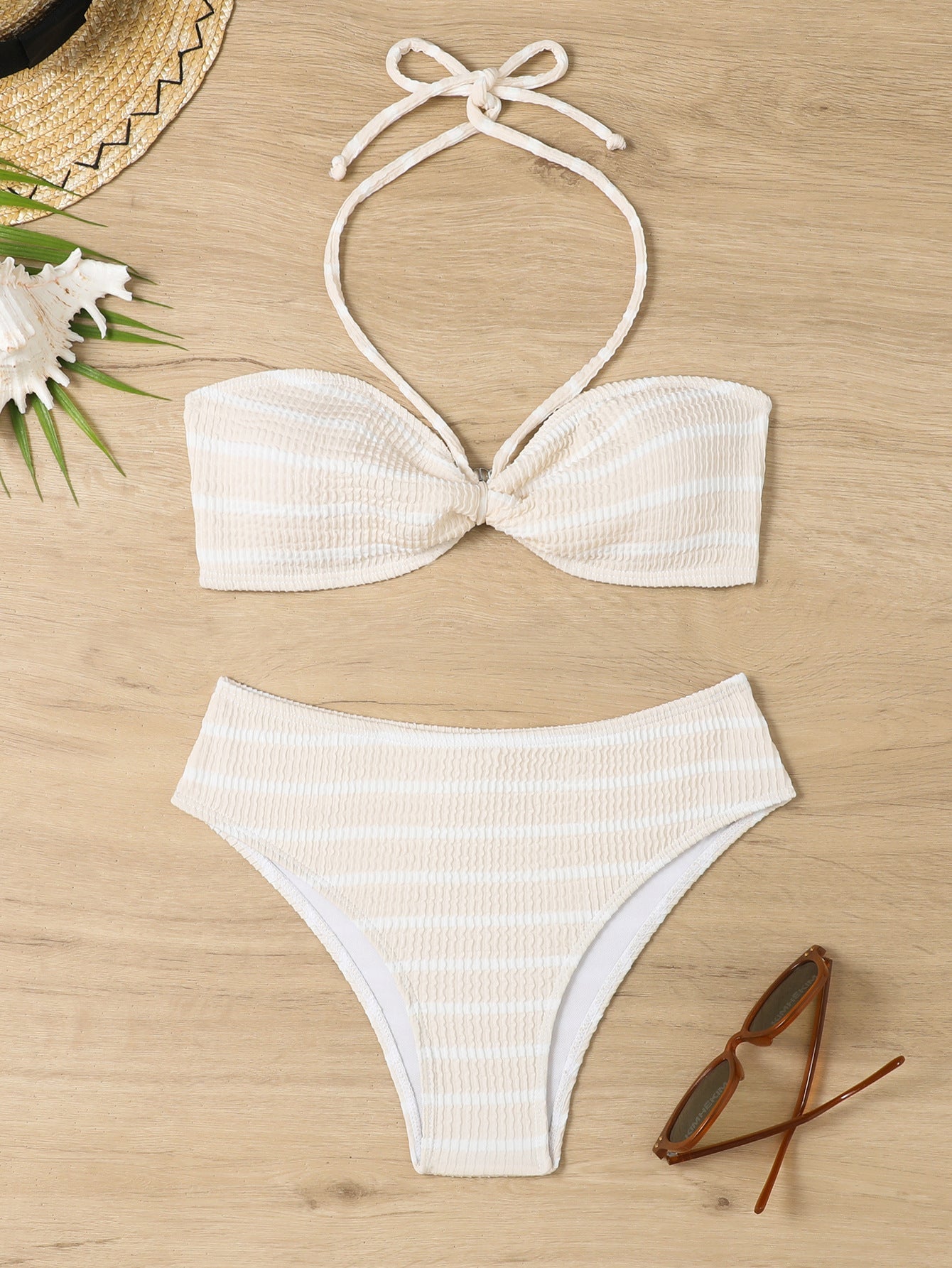 Women striped bikini set with braided top and high leg cut Ivyshape
