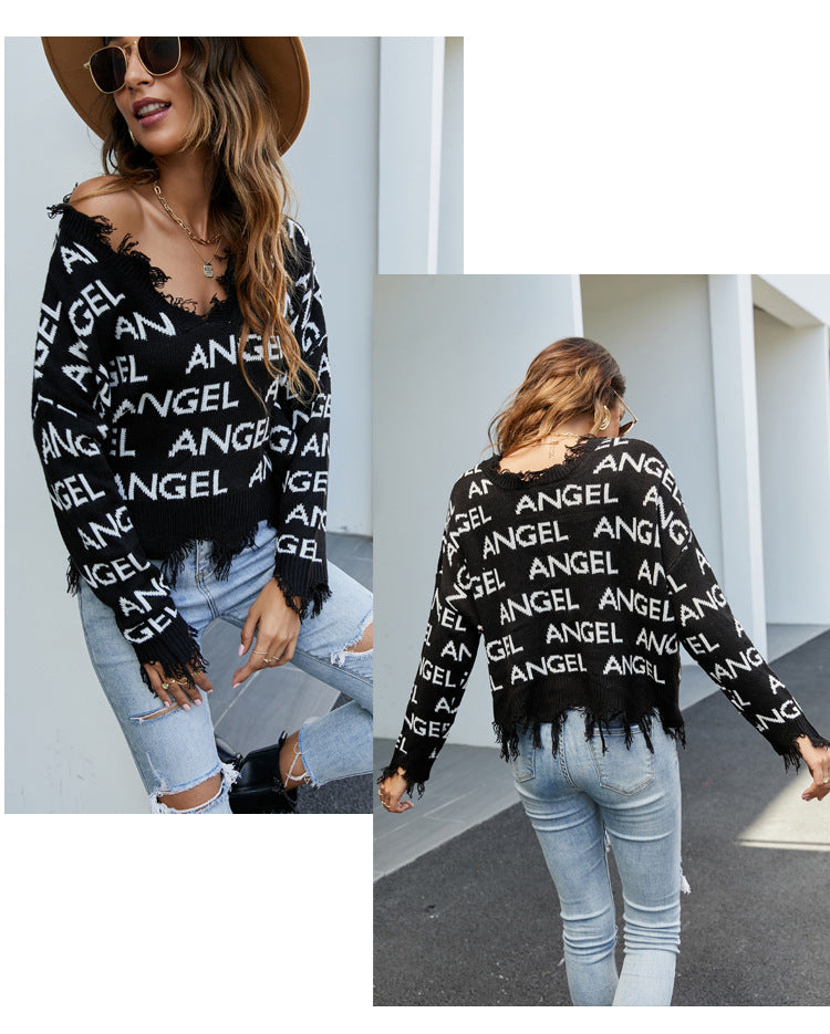 IvyShape | V-neck fringe sweater