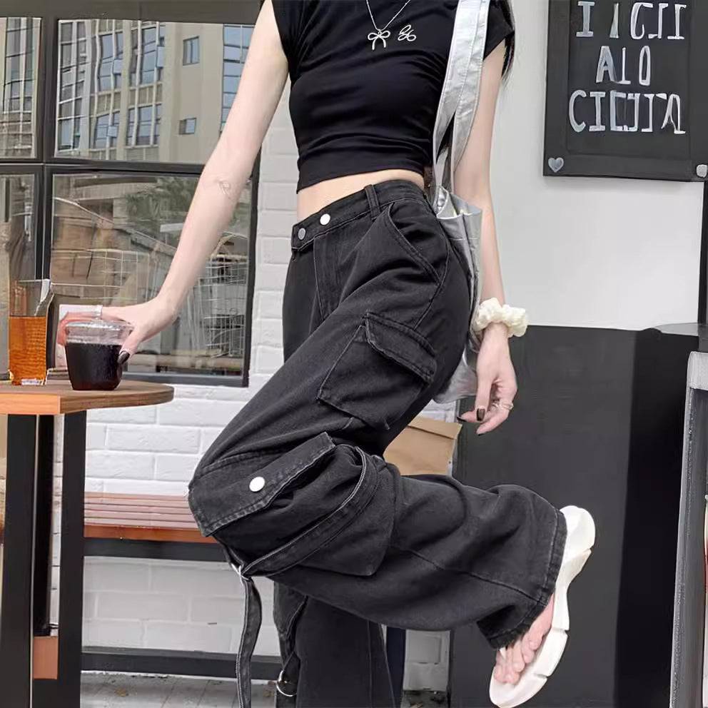 Women's loose cargo jeans with practical buckles and fashionable cut Ivyshape