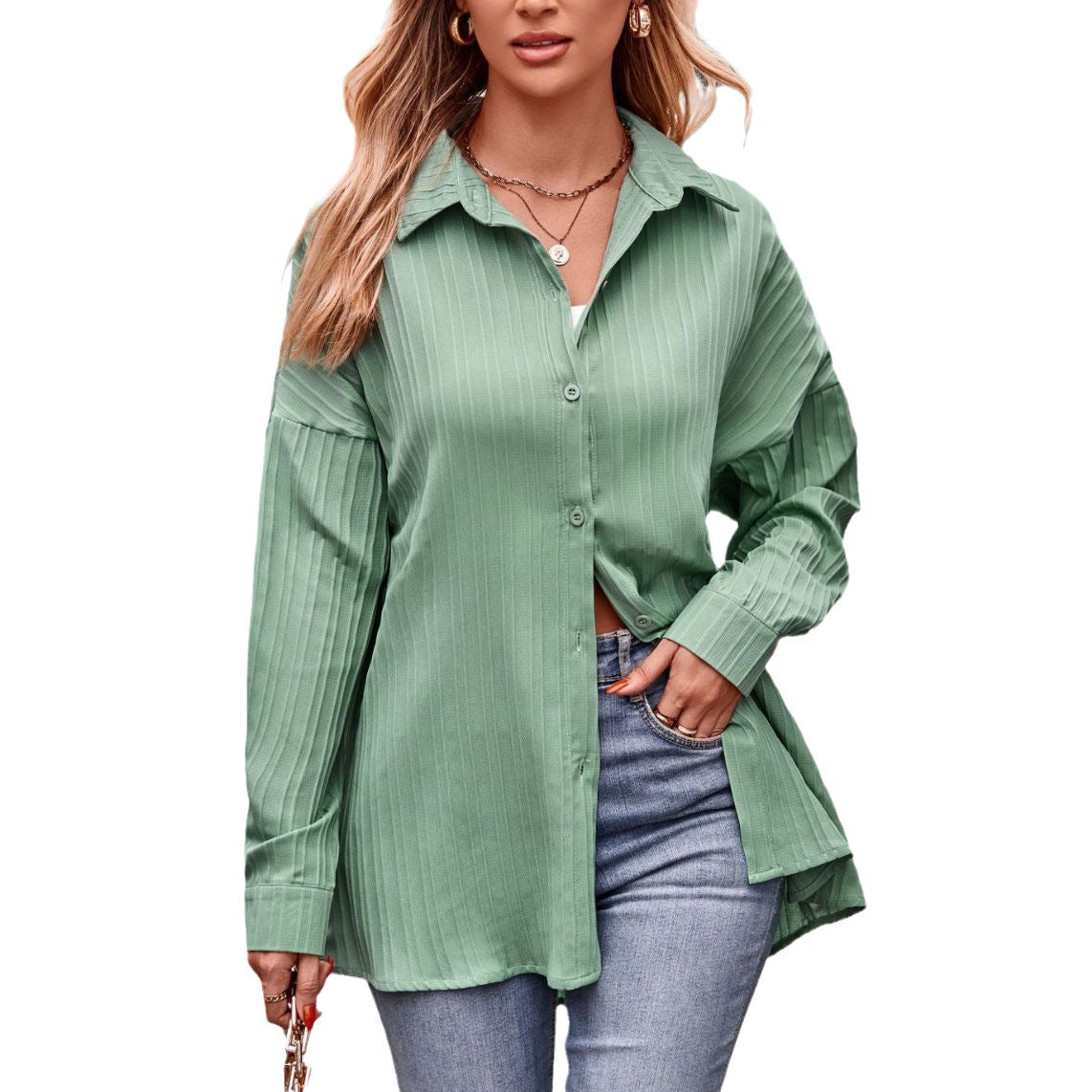 IvyShape | Double-Line Jacquard Loose Long Sleeve Solid Shirt