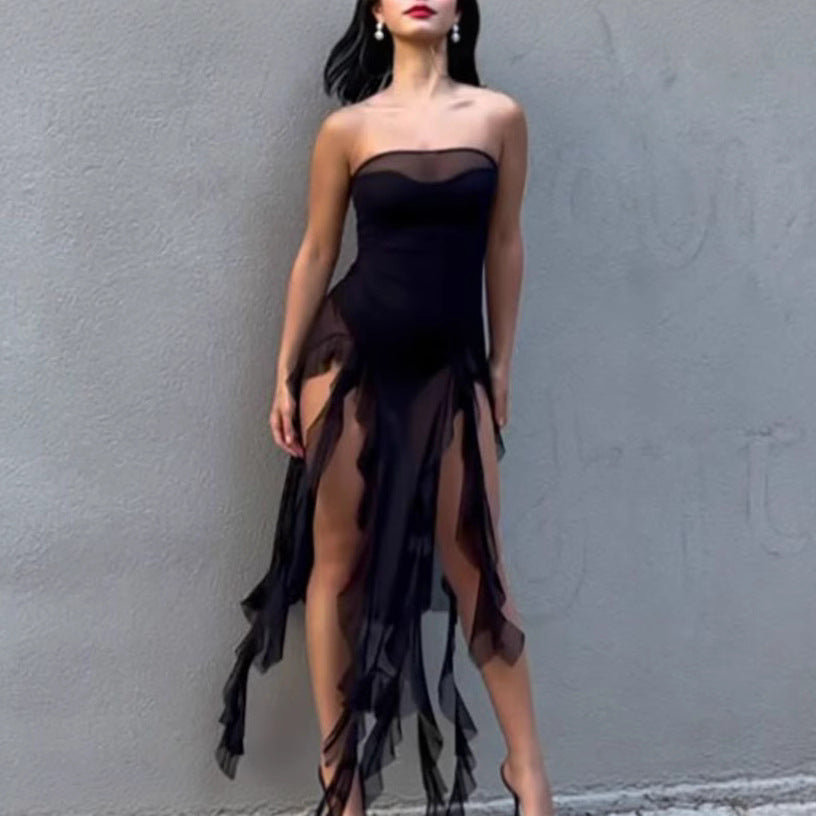 Women Elegant Strapless Maxi Dress with Transparent Ruffles Ivyshape