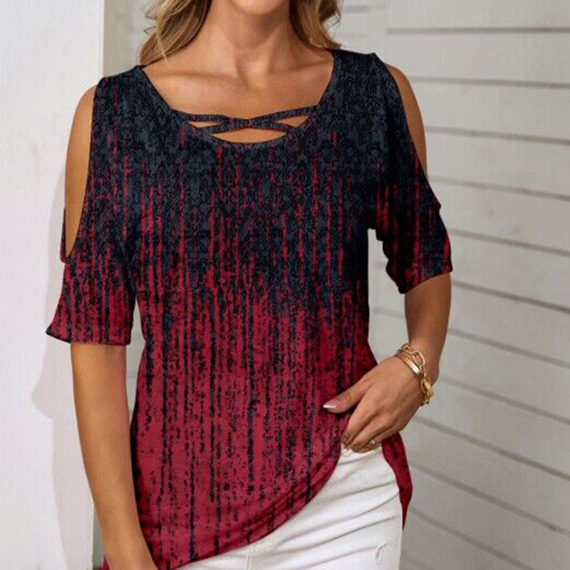 IvyShape | Ethnic Print Off-Shoulder Short-Sleeve T-Shirt