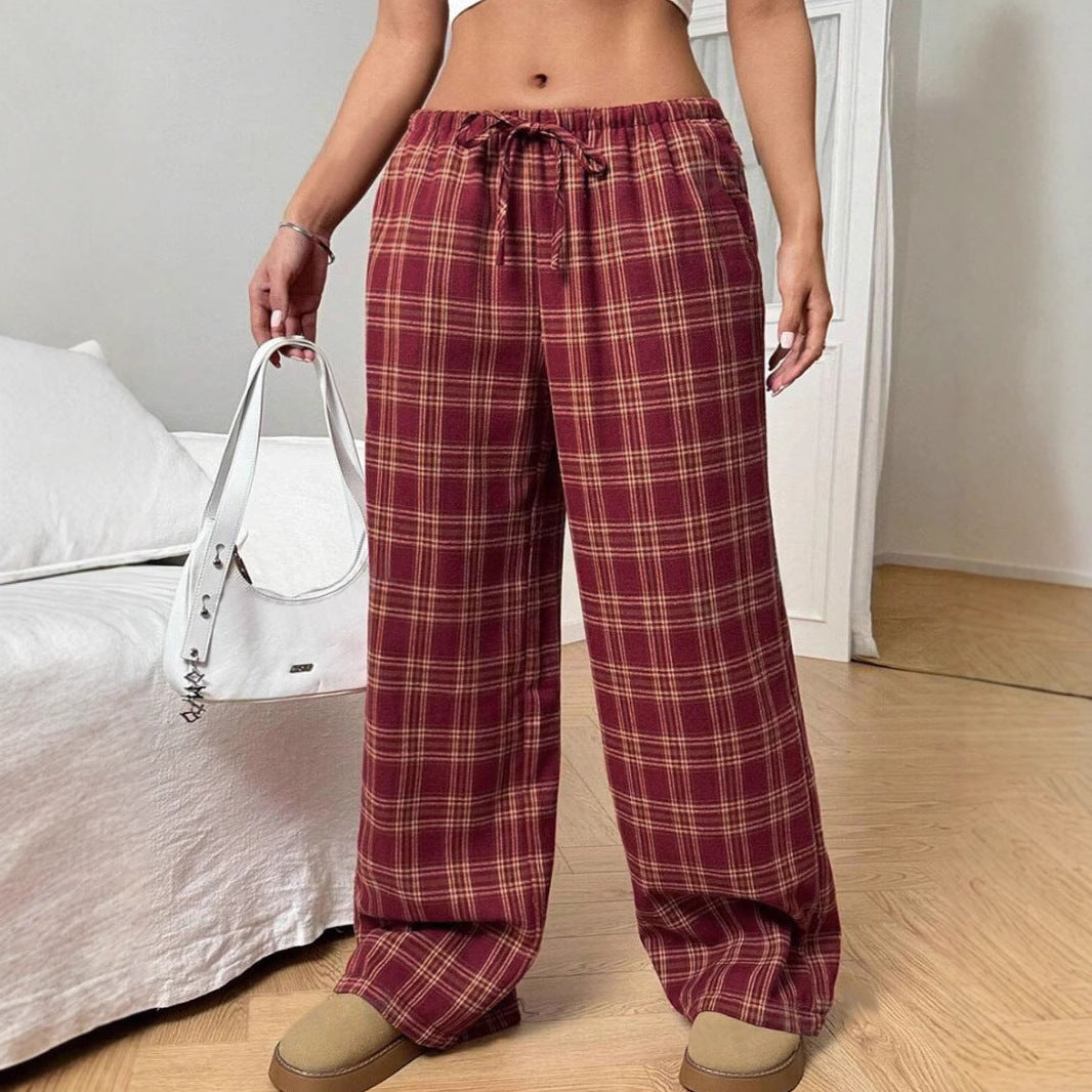 Women Wide Check Trousers with Elastic Waistband and Practical Pockets Ivyshape