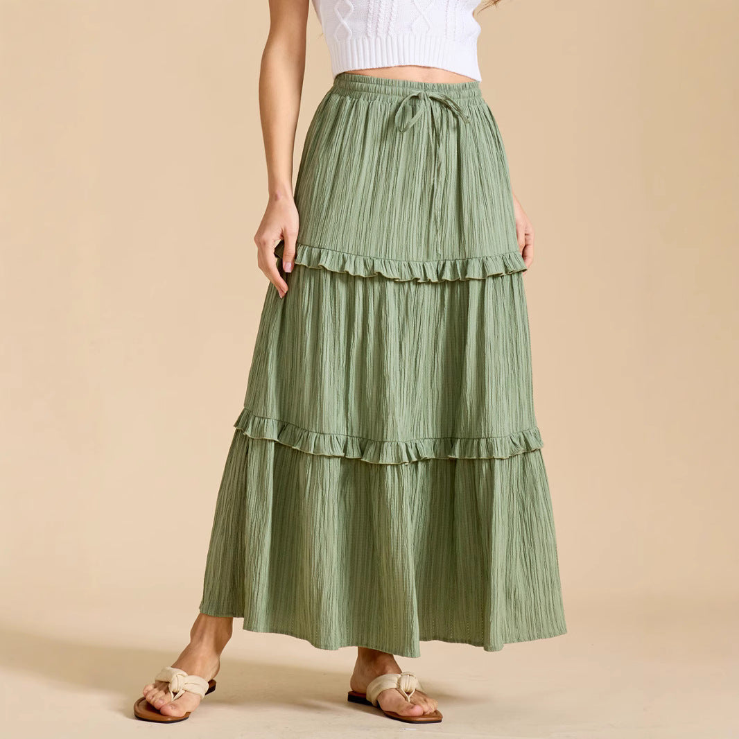 Women's Long Flared Skirt with Ruffles and Elastic Waist Ivyshape