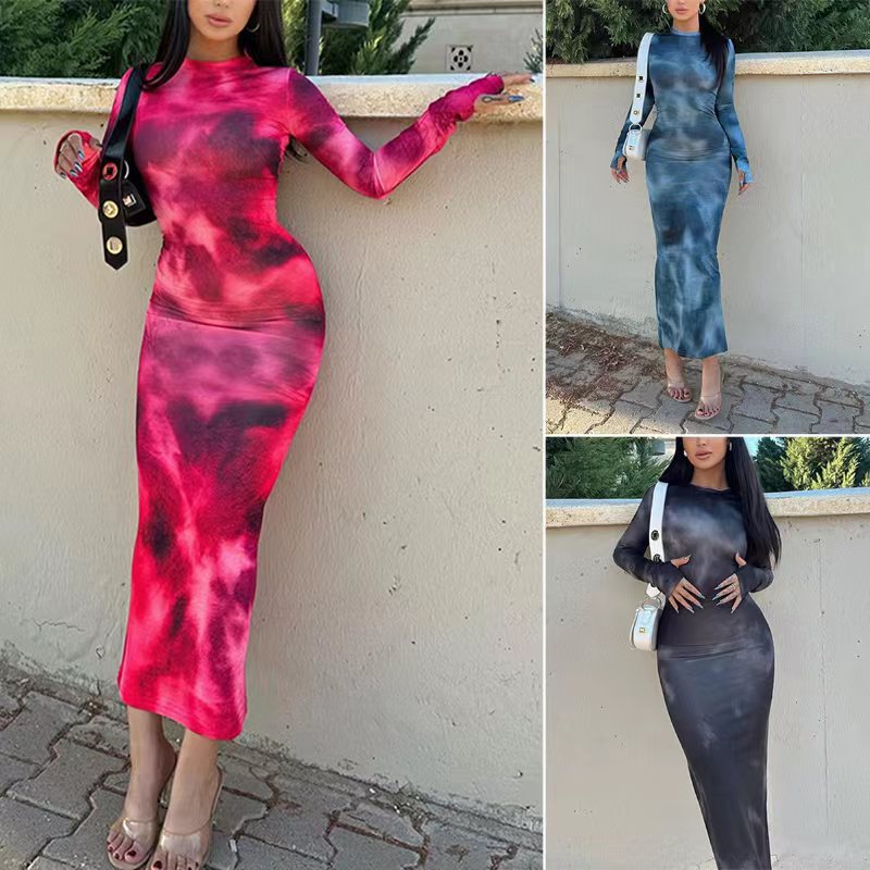 Women's fitted long sleeve dress in modern tie-dye design Ivyshape