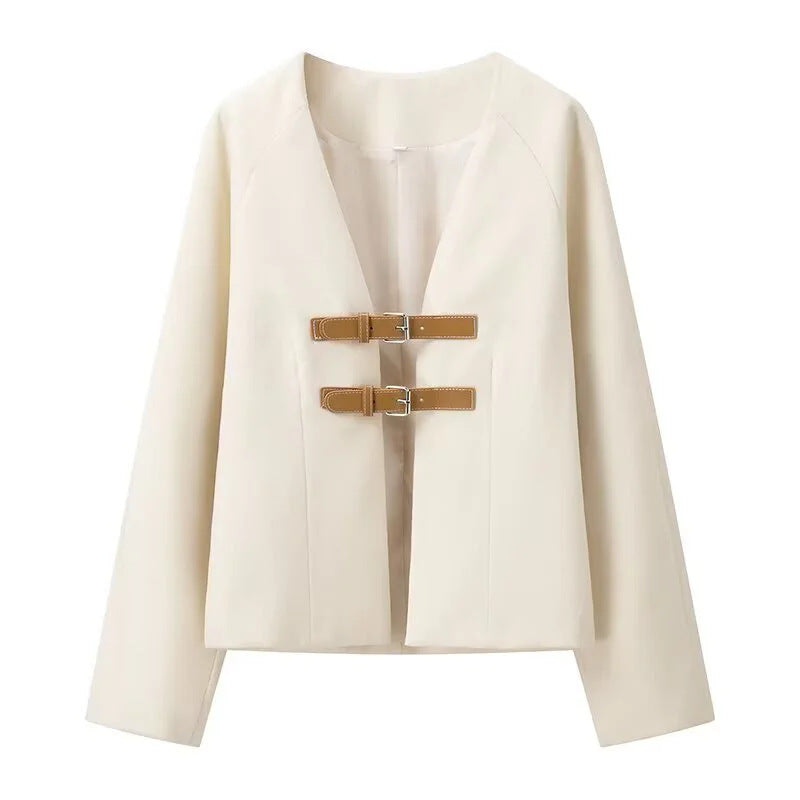 Women elegant short jacket with practical buckle closures Ivyshape