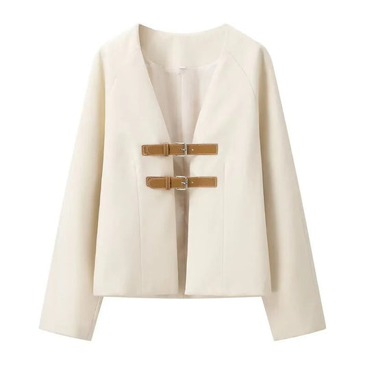 Women elegant short jacket with practical buckle closures Ivyshape