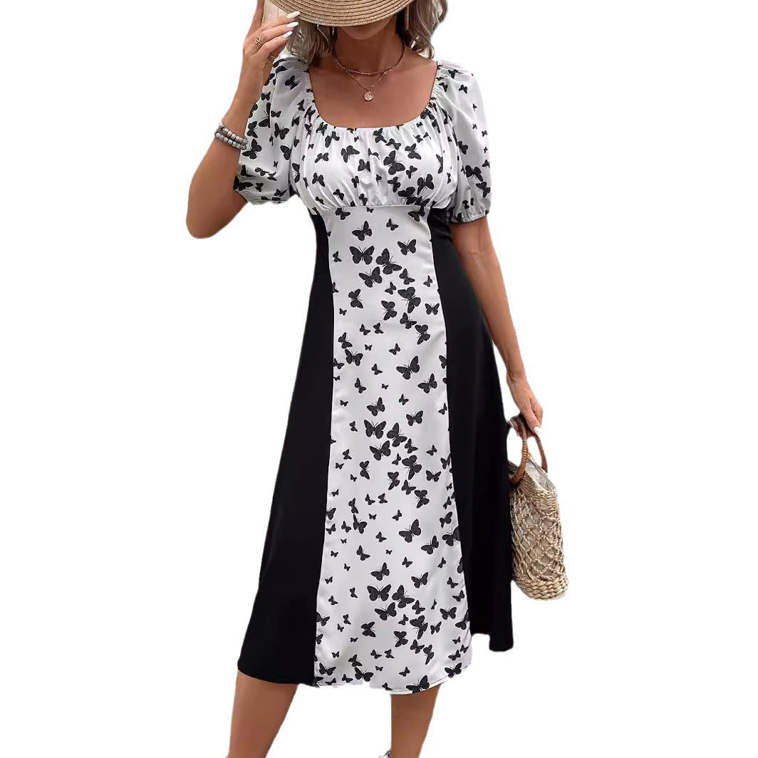 IvyShape | Printed Lantern Sleeve Short Sleeve Dress