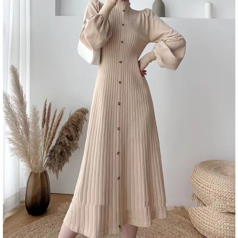 Women Elegant, ribbed button dress with long sleeves Ivyshape