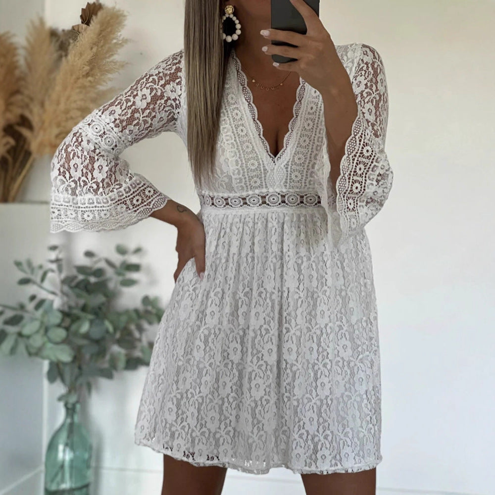 Women's lace dress with deep V-neckline and elegant bell sleeves Ivyshape