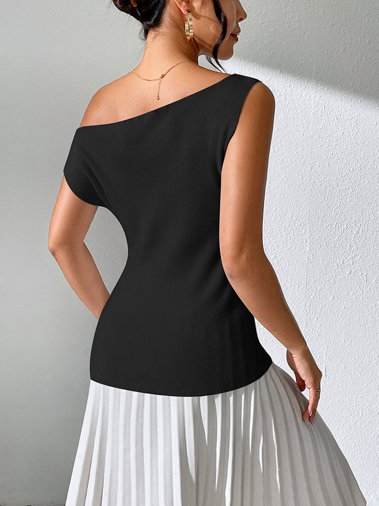 IvyShape | Solid color sleeveless top with off-the-shoulder knit design