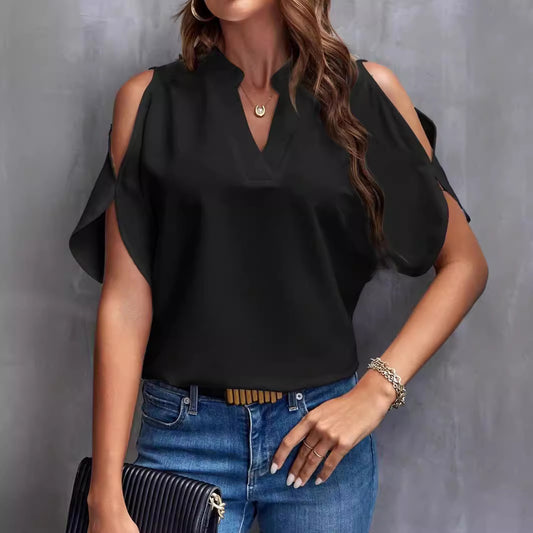 Ladies blouse with cut-out sleeves and elegant stand-up collar Ivyshape