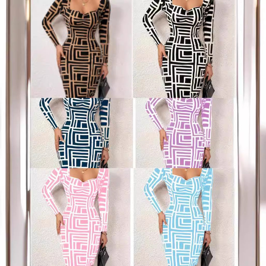 Women's Fitted Long Sleeve Dress with Geometric Pattern and Creative Neckline Ivyshape