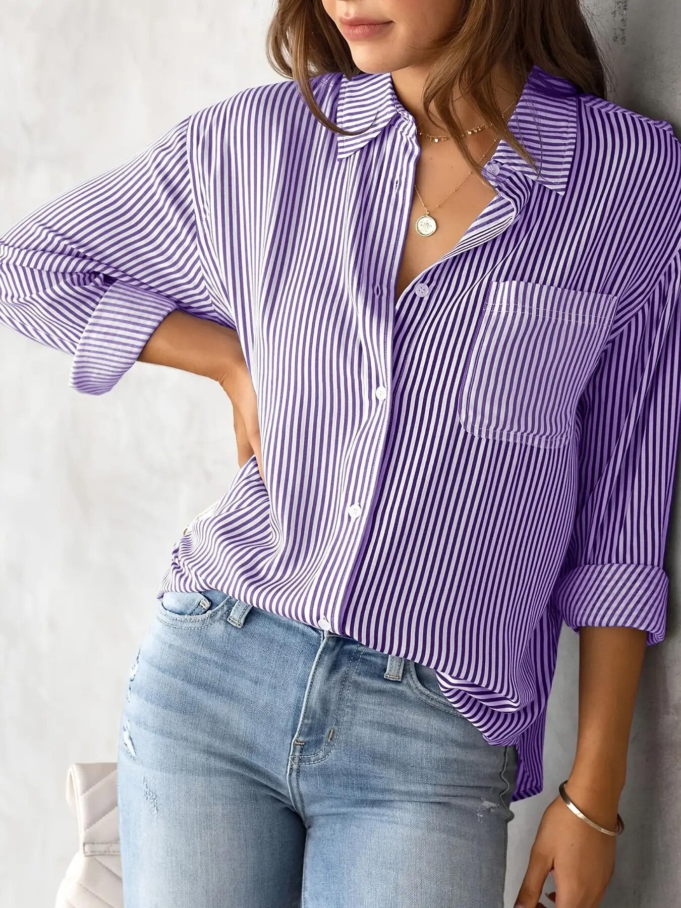 Women Casual Striped Blouse with Chest Pocket Ivyshape