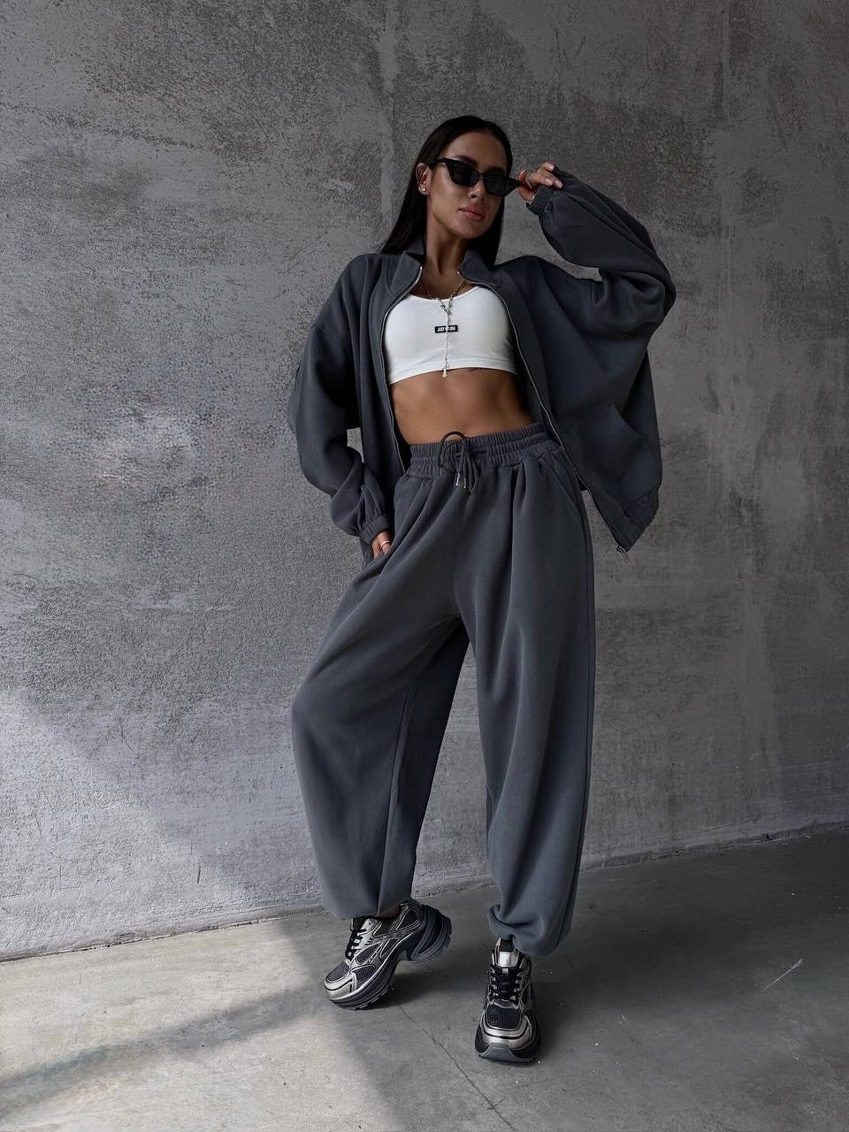 Women's Casual Fleece Tracksuit with Wide Cut Pants and Oversized Jacket Ivyshape