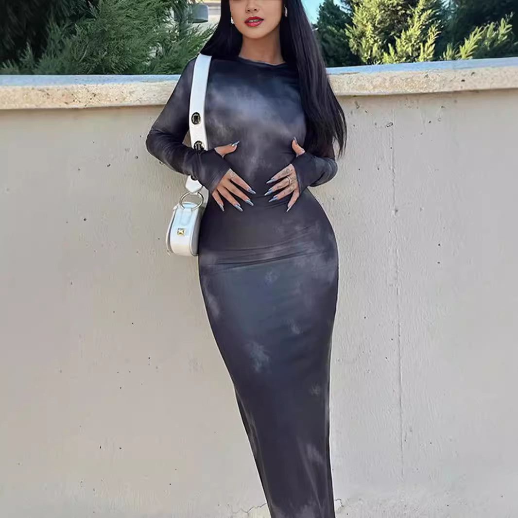 Women's fitted long sleeve dress in modern tie-dye design Ivyshape