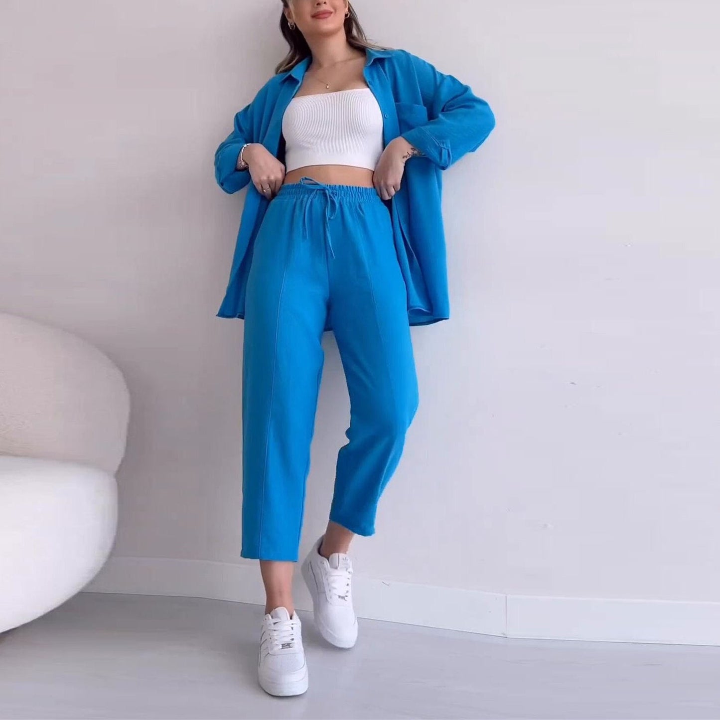 IvyShape | Tie Nine-Point Pants Long Sleeve Shirt Two-Piece Set