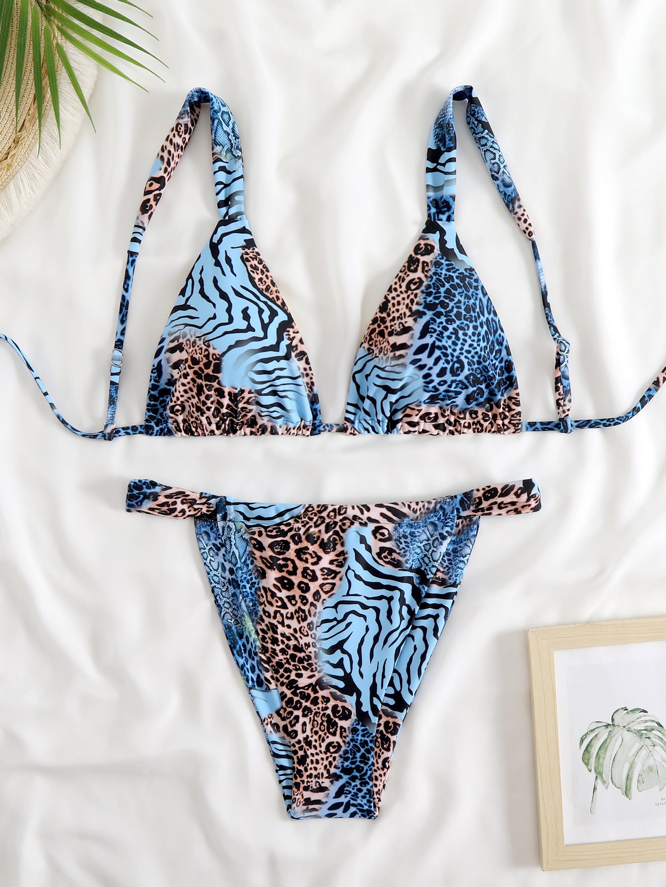 Women's triangle bikini with exotic animal print and adjustable tie straps Ivyshape