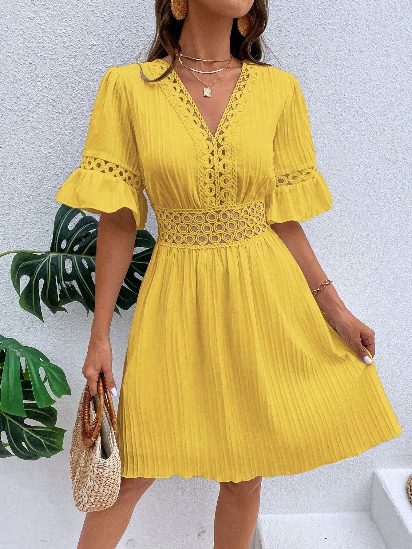 Women Elegant Midi Dress with Unusual V-Neck and Feminine Ruffle Detail Ivyshape