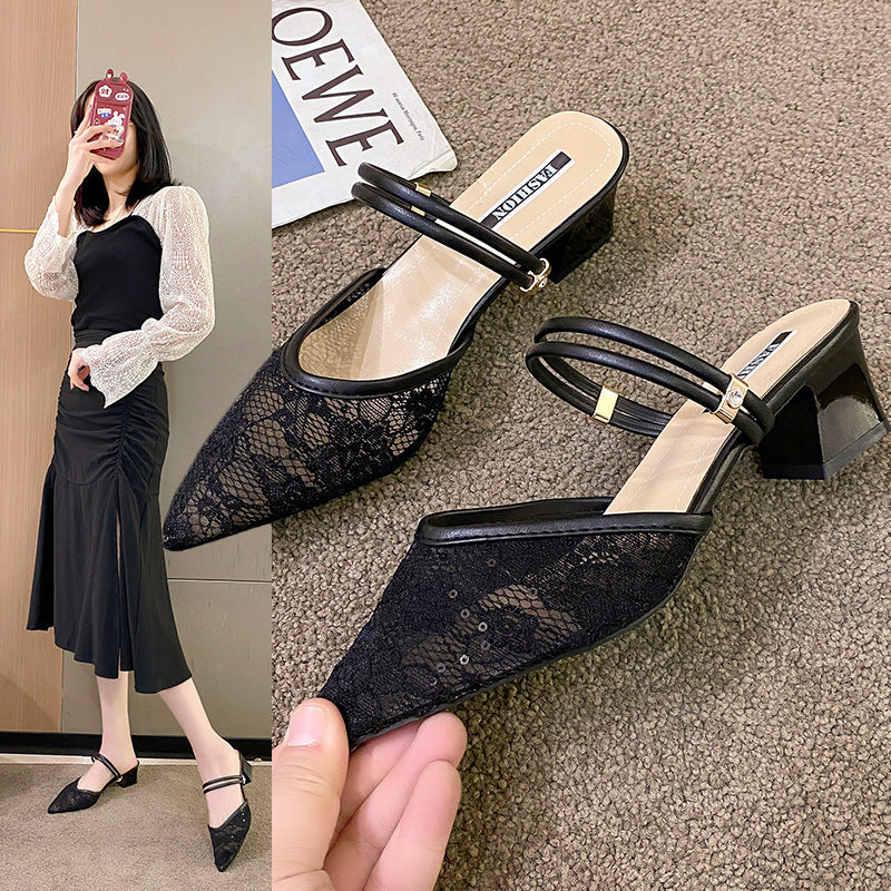 Women's sling pumps with delicate lace and elegant block heel Ivyshape