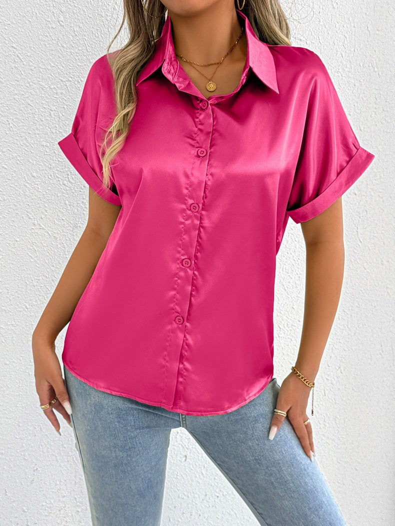 Women's short-sleeve blouse made of high-quality satin with folded collar and button placket Ivyshape