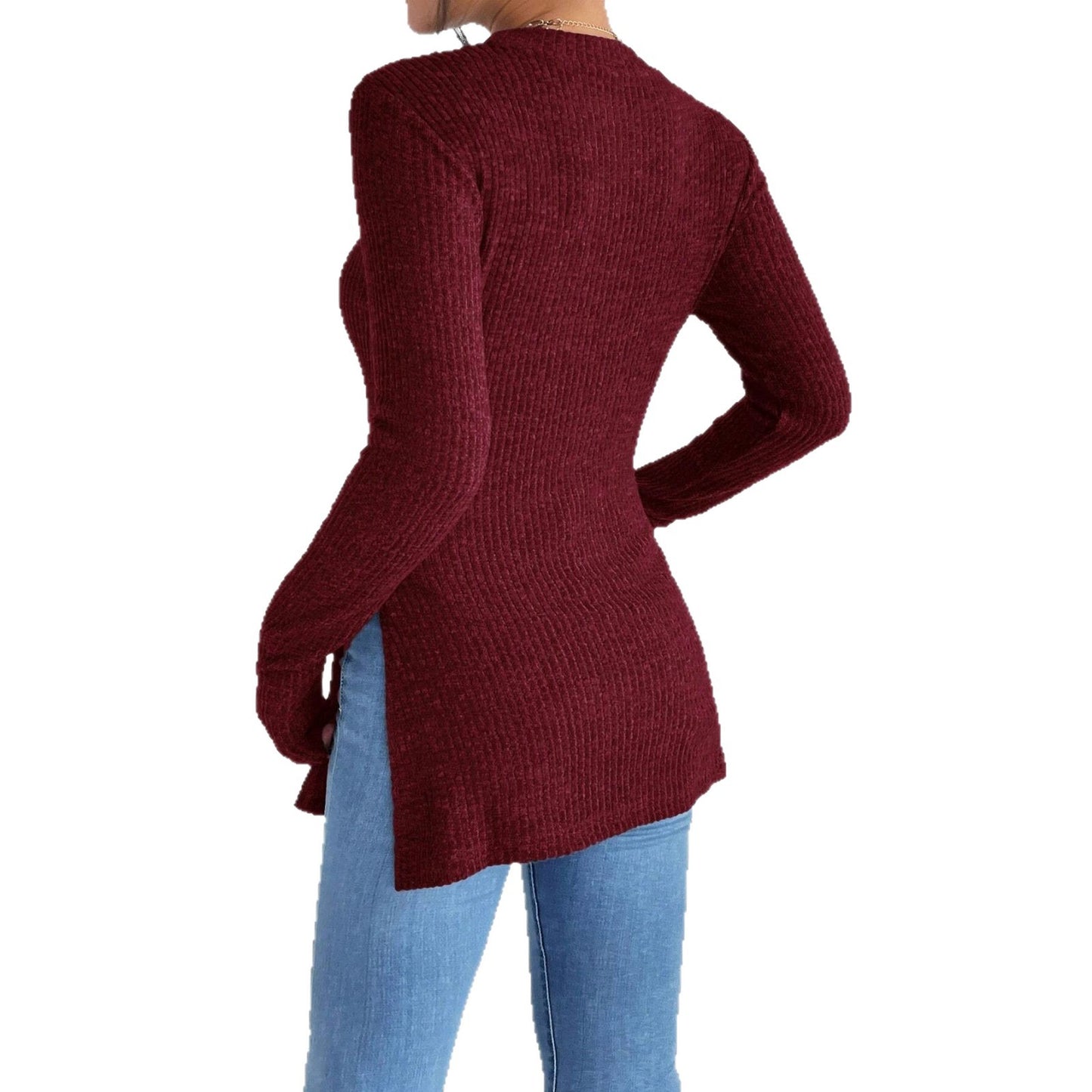 Women Long Sleeve Rib Knit Top Ivyshape
