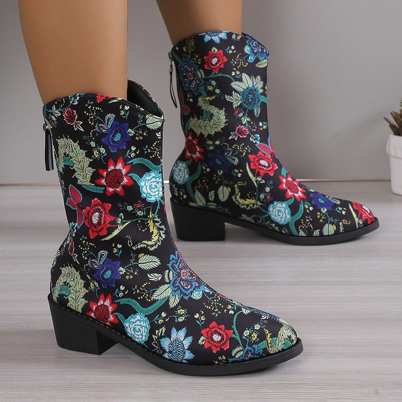 Ladies' fashionable mid-cut boots with floral patterns and comfortable block heel Ivyshape