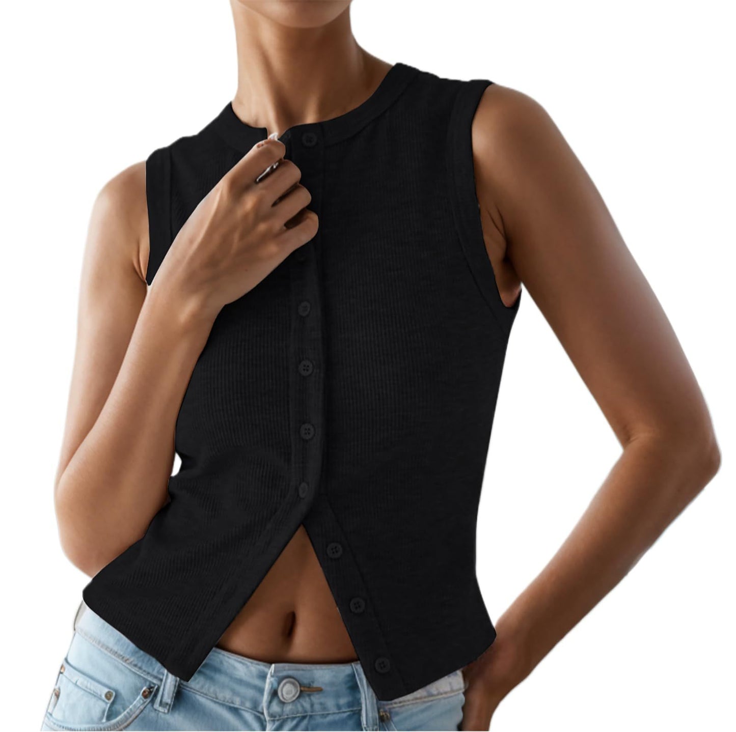 Ladies Short Sleeve Ribbed Knit Top with Button Placket Ivyshape