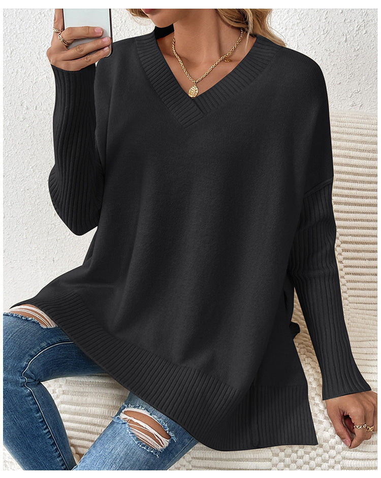 IvyShape | V-Neck Split Long Sleeve Knit Sweater