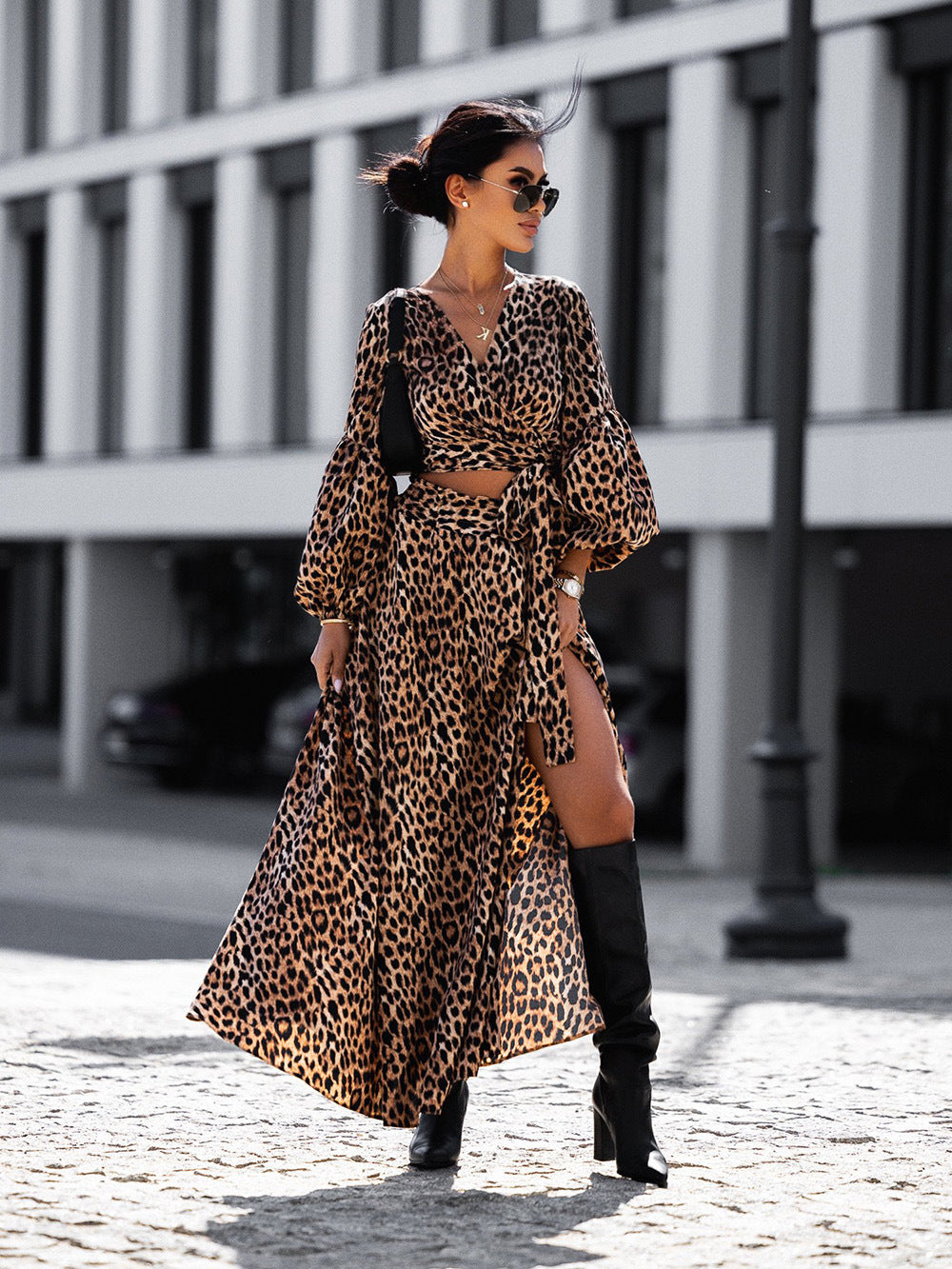 IvyShape | Floral Print Leopard Split Long Sleeve Dress Set