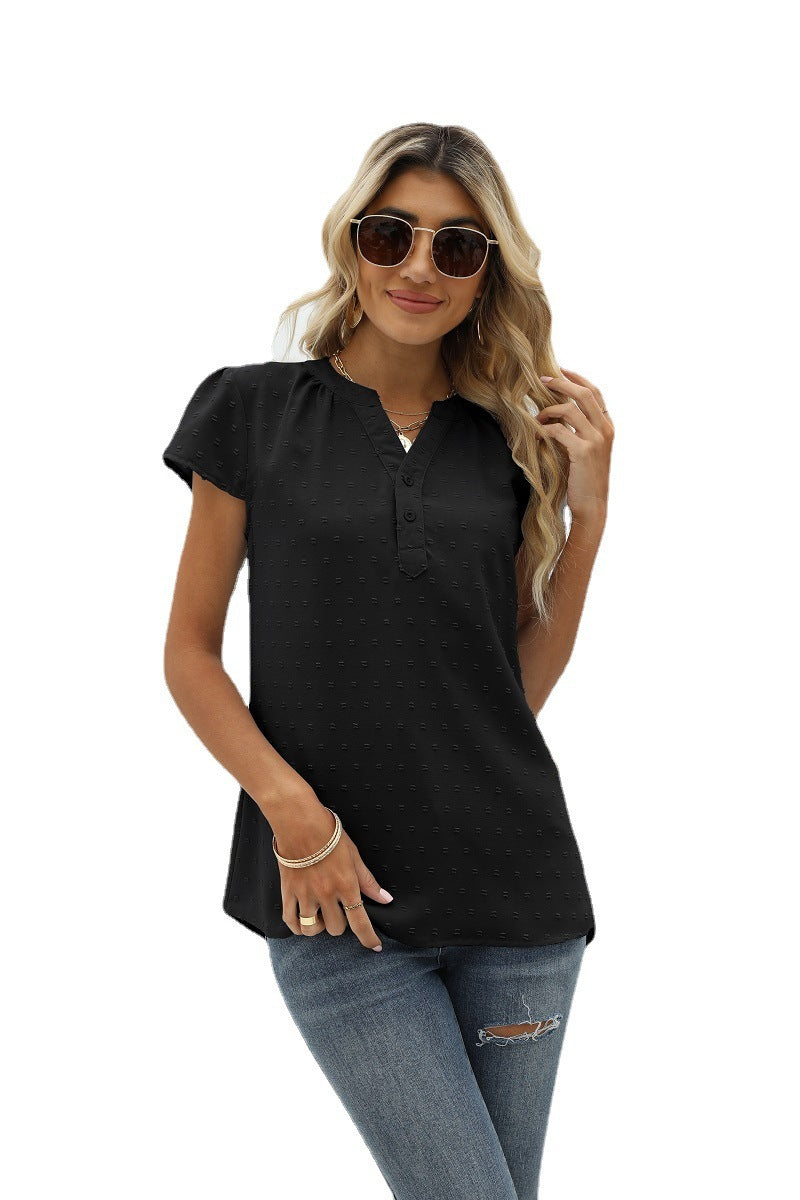 IvyShape | Jacquard Chiffon Loose V-Neck Short Sleeve Top