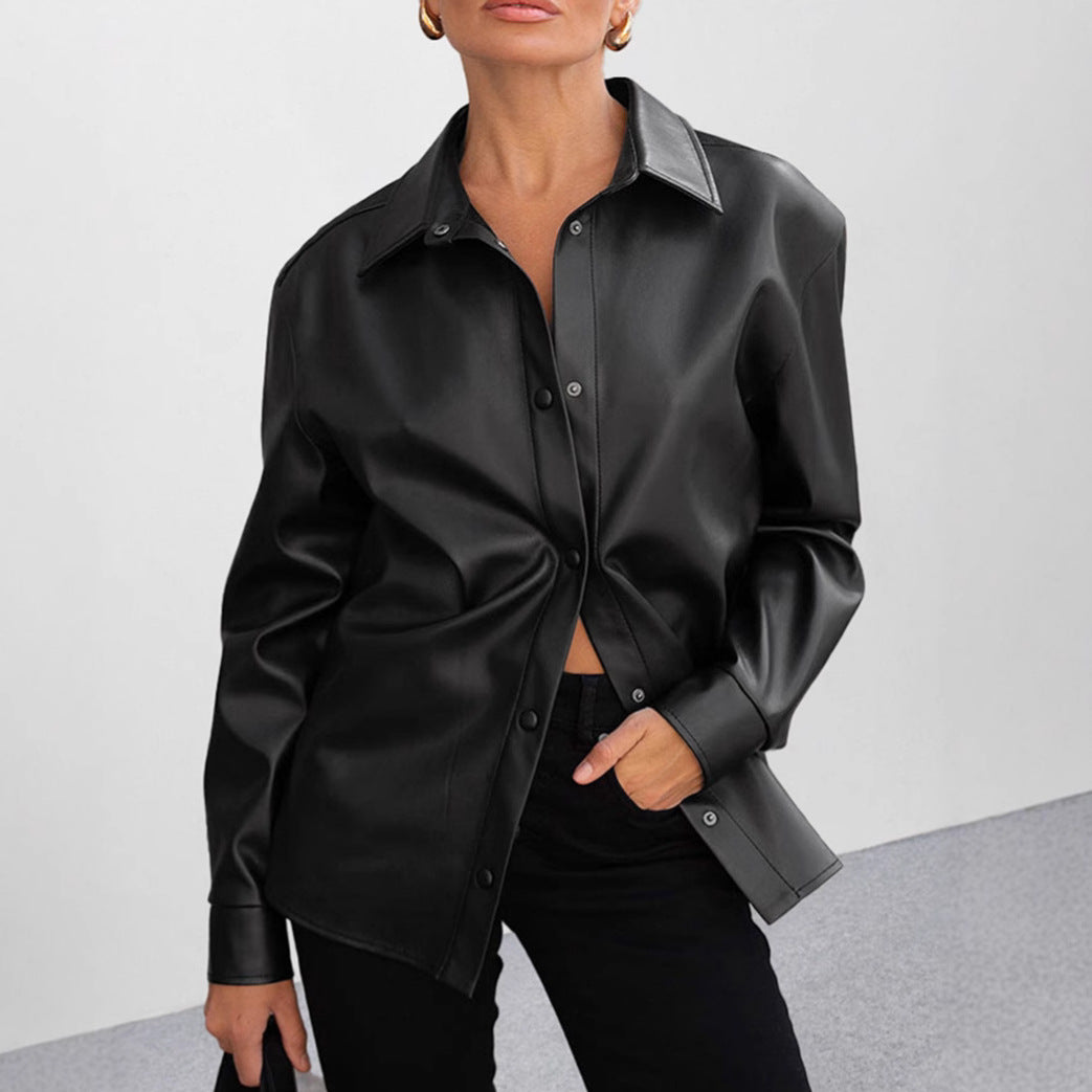 Women Faux Leather Shirt Blouse Ivyshape