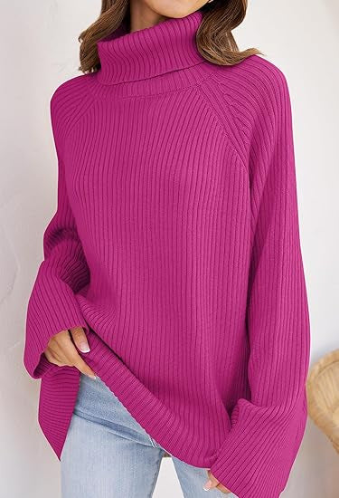 Women Cashmere Fine Knit Sweater with High Collar and Loose Fit Ivyshape