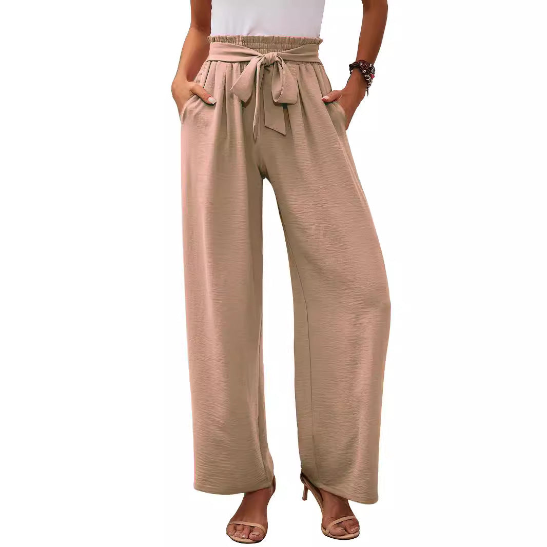 Women's Wide Fabric Trousers with Elastic Waistband and Belt Detail Ivyshape