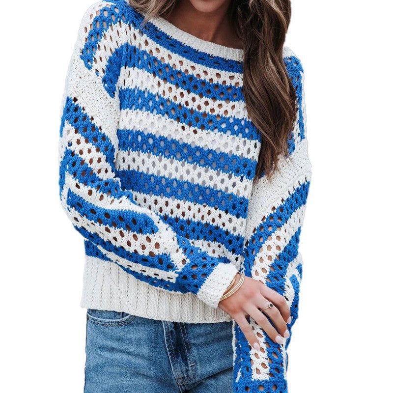 IvyShape | Loose Striped Hollow Knitted Sweater