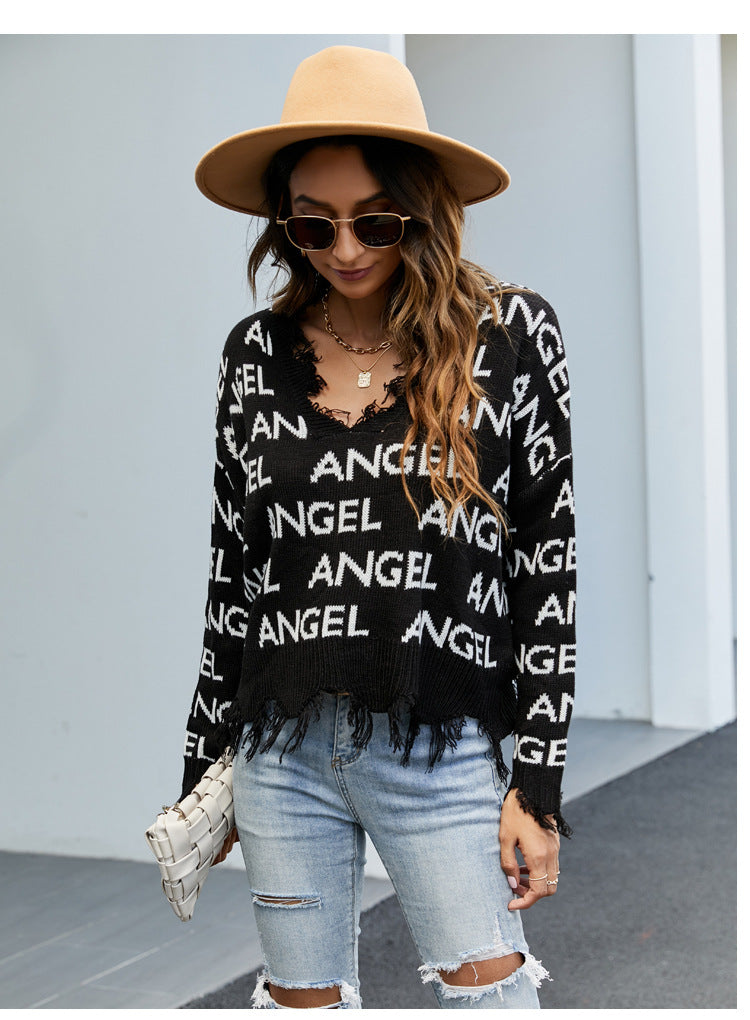 IvyShape | V-neck fringe sweater