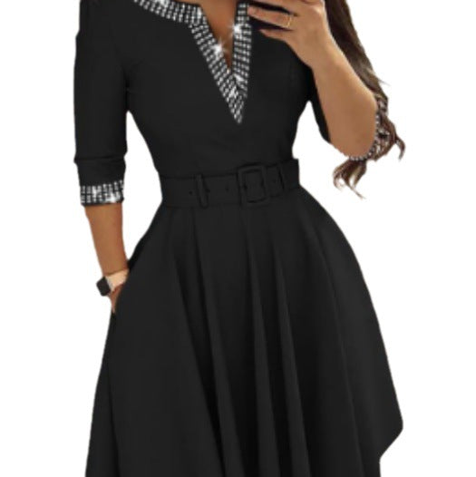 Women Elegant Wrap Dress with Grid Pattern and Waist Belt Ivyshape