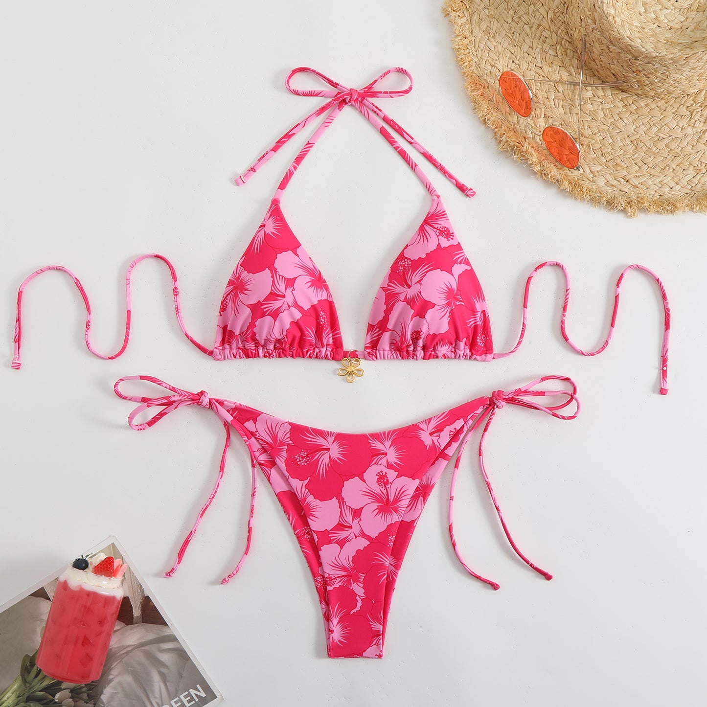 Women's triangle bikini with playful floral design and adjustable straps Ivyshape