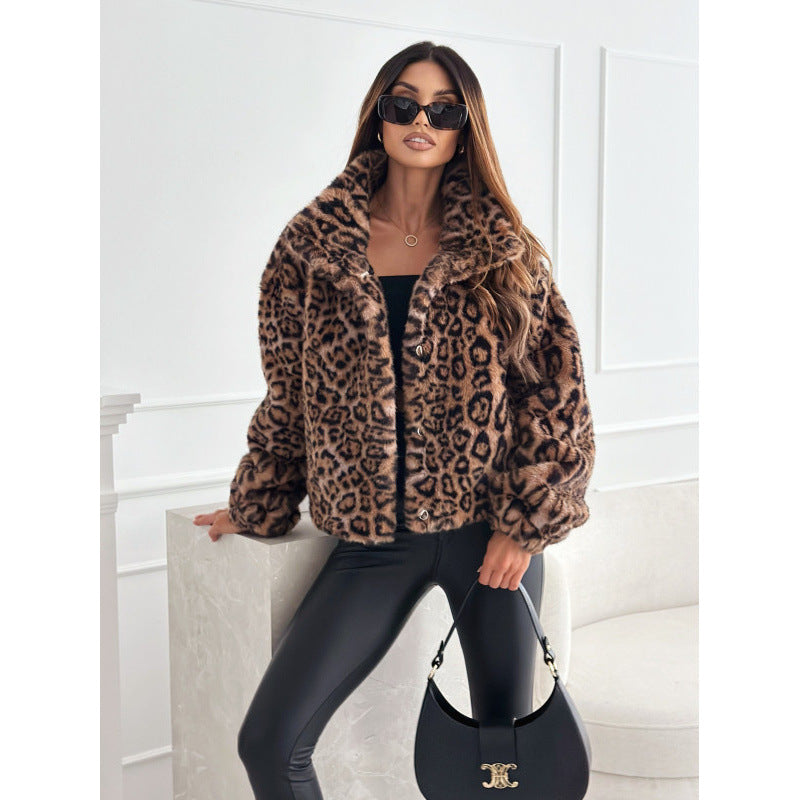 Women Faux Fur Leopard Print Jacket Ivyshape