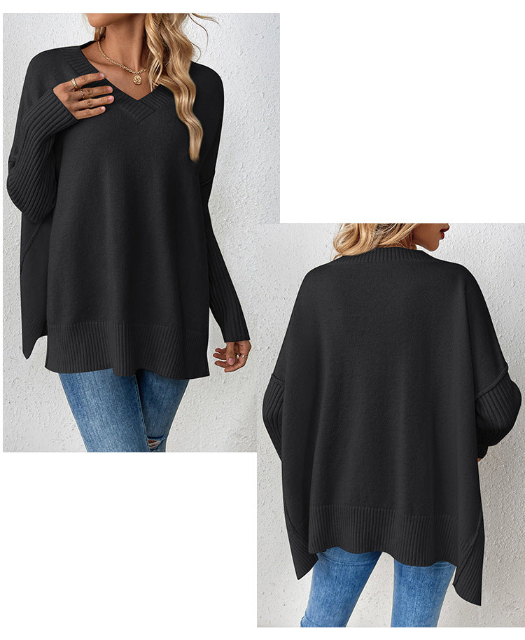 IvyShape | V-Neck Split Long Sleeve Knit Sweater