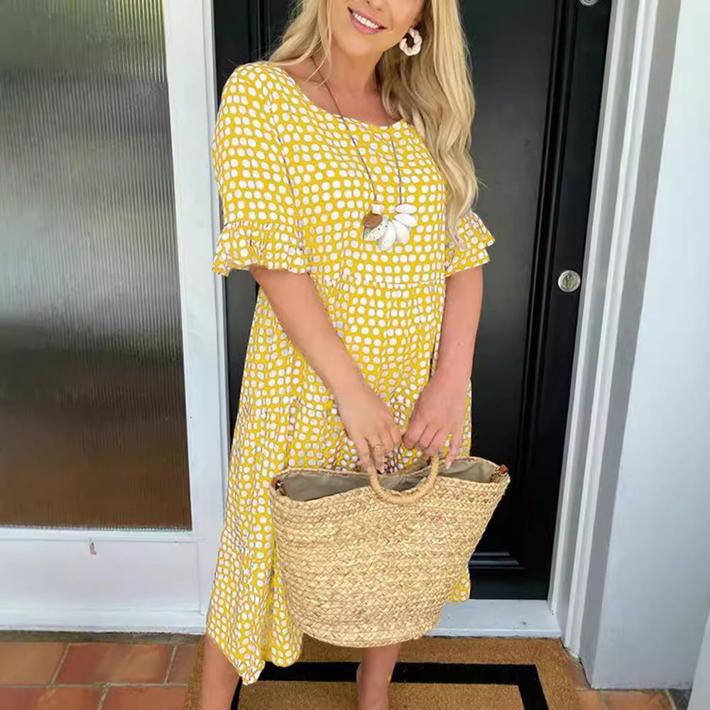 Women's Summer Midi Dress with Charming Dot Pattern and Elastic Waist Ivyshape