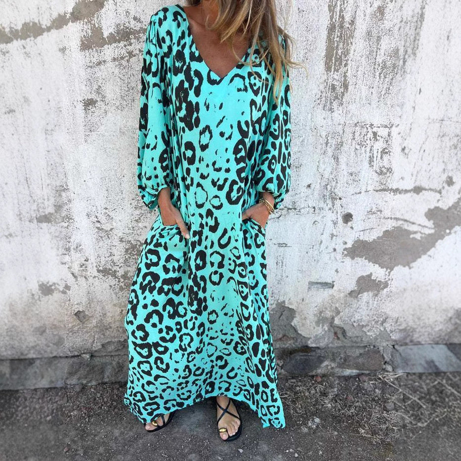 Ladies Long Sleeve Maxi Dress with Animal Print and Practical Pockets Ivyshape