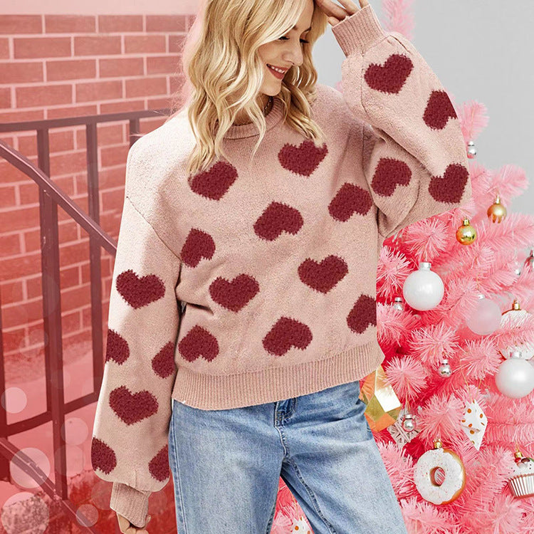 IvyShape | Puff sleeve heart jacquard pullover sweater