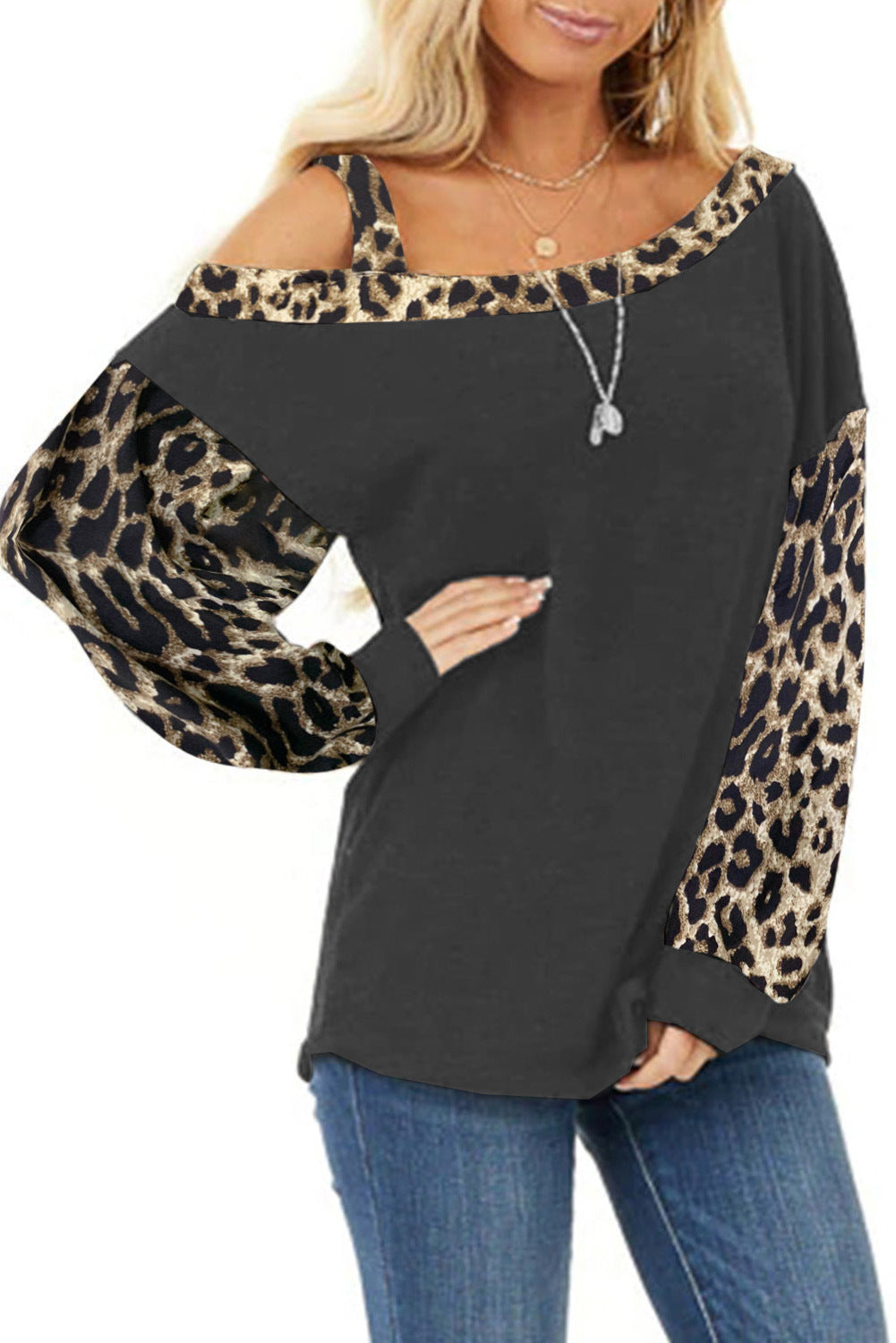 Women's casual top with off-shoulder design and trendy animal print sleeves Ivyshape