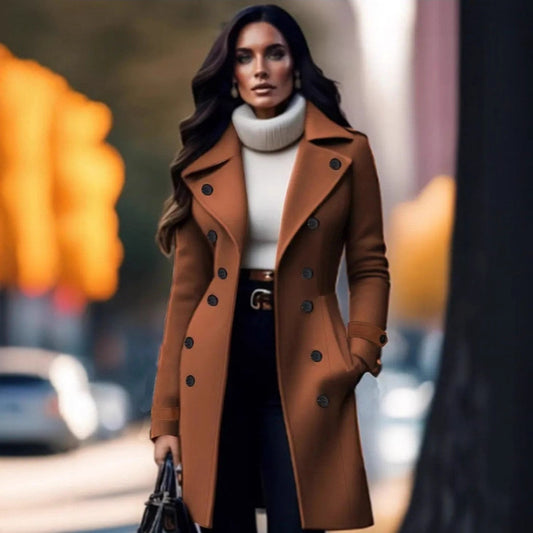 Women Elegant Trench Coat with Double Button Placket and High Collar Ivyshape