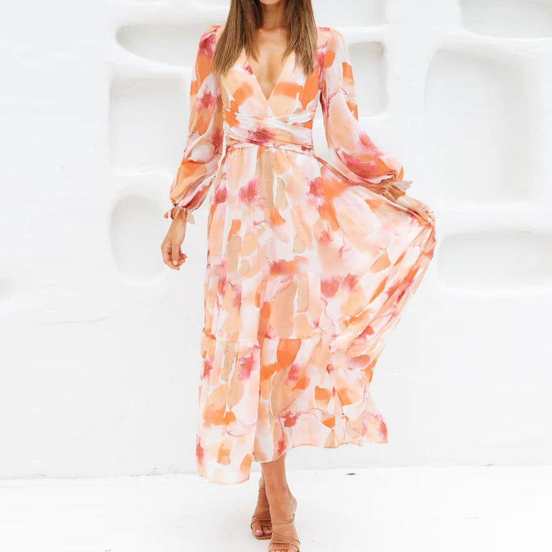 Ivyshape | Women’s Printed V-Neck Long Sleeve Summer Maxi Dress